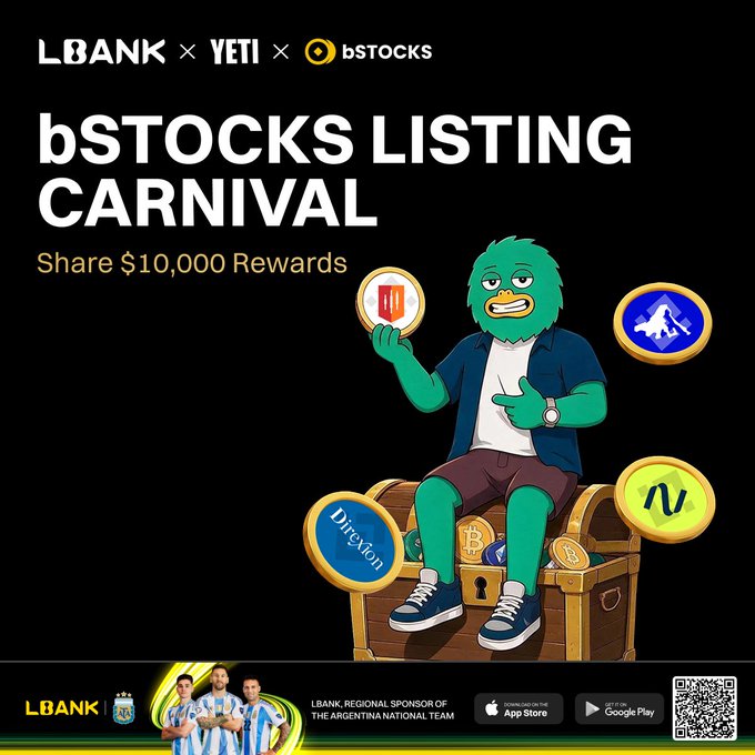 The promotional image for the "bSTOCKS LISTING CARNIVAL" features a green yeti mascot sitting on a treasure chest while holding and surrounded by various crypto coins (including Bitcoin, Direction, and others), advertising a $10,000 rewards share opportunity in collaboration with LBank and bSTOCKS. The bottom includes the LBank logo, a note about being a regional sponsor of the Argentina National Team, app store download buttons, and a QR code.