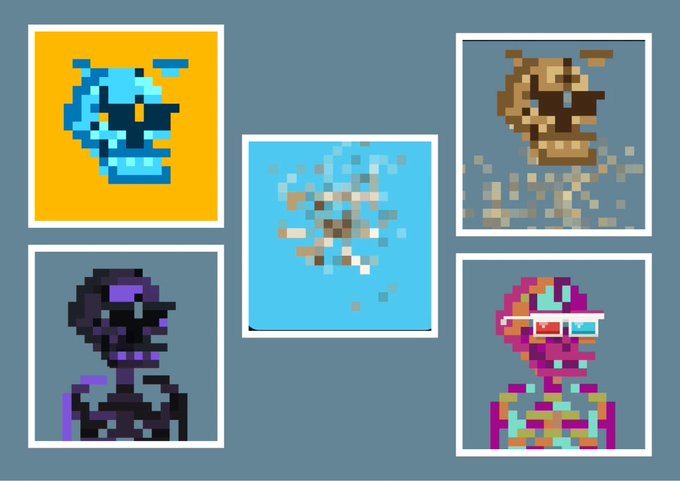 Collection of five pixel art character portraits displayed in white frames against a blue background.
