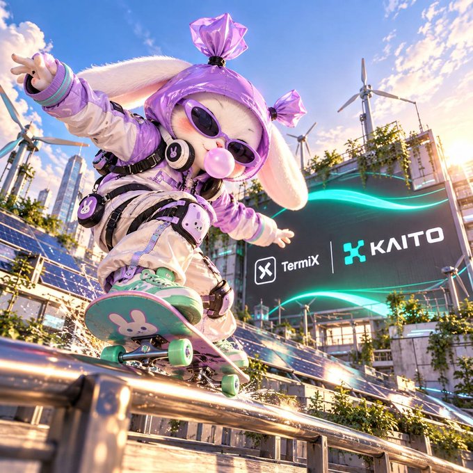 A stylized white rabbit character in purple astronaut gear and sunglasses rides a skateboard on a railing, with logos for Termix and KAITO displayed in the background.