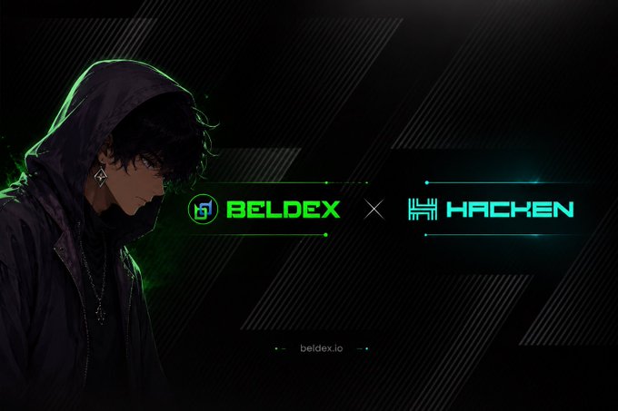 A promotional graphic announcing a partnership between "BELDEX" and "HACKEN," featuring an anime-style character in a hooded jacket with green glowing accents.