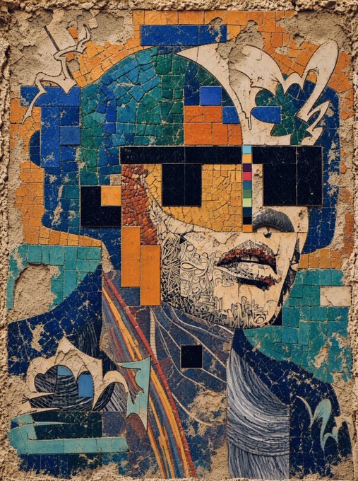 A colorful mosaic artwork depicting a bearded man's face with pixelated sunglasses, rendered in blue, orange, and teal tile fragments.