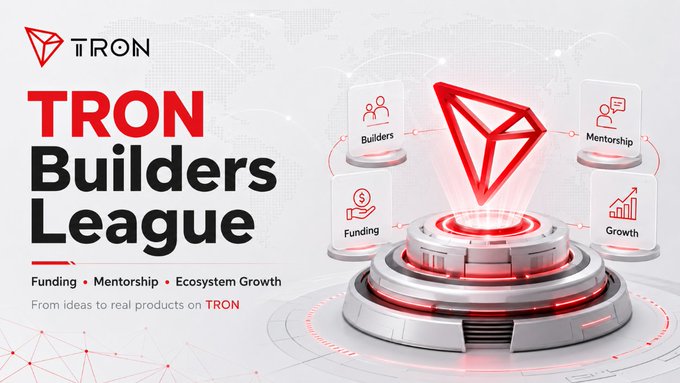 Promotional banner for "TRON Builders League" highlighting Funding, Mentorship, and Ecosystem Growth, featuring a glowing red TRON diamond logo on a futuristic platform.