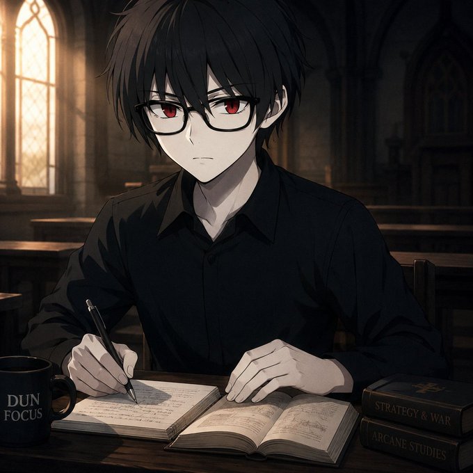 An anime character with red eyes and glasses sitting at a desk writing in a notebook, with books titled 'STRATEGY & WAR' and 'ARCANE STUDIES' beside him, and a mug labeled 'DUN FOCUS'.