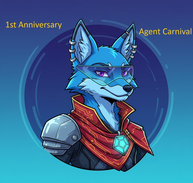 A digital illustration of a blue anthropomorphic fox character named 'Agent Carnival' wearing goggles and a red scarf with a gem pendant, marked as '1st Anniversary'.