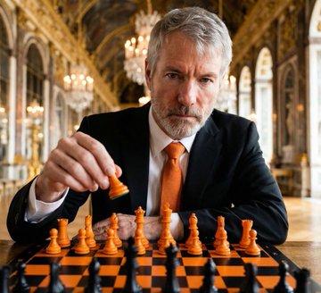 A distinguished gray-haired man in a suit and orange tie contemplates his move over an orange and black chessboard in an ornate, chandelier-lit hall, visually symbolizing the strategic, long-term thinking and calculated moves that the post attributes to Michael Saylor's investment philosophy with $MSTR and Strategy.