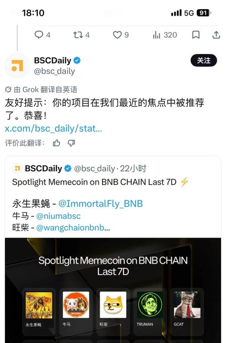 A screenshot of a Twitter/X post from BSCDaily (@bsc_daily) announces "Spotlight Memecoin on BNB CHAIN Last 7D," listing tokens including 永生果蝇 (@ImmortalFly_BNB), 牛马 (@niumabsc), 旺柴 (@wangchaionbnb...), TRUMAN, and GCAT.