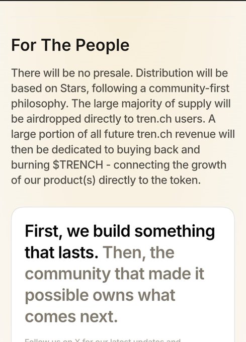 A promotional graphic for the $TRENCH token airdrop, highlighting its "For The People" section which states: "There will be no presale. Distribution will be based on Stars, following a community-first philosophy." It also features the bold tagline "First, we build something that lasts. Then, the community that made it possible owns what comes next," reinforcing the community-driven ethos described in the accompanying post.