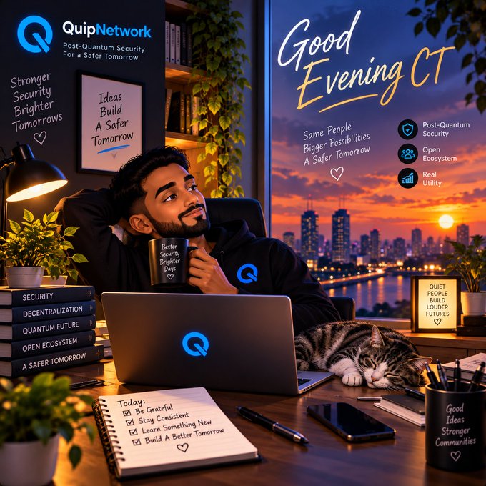 A promotional image for 'QuipNetwork' (Post-Quantum Security For a Safer Tomorrow) showing a man at a desk with a laptop, mug, and sleeping cat, with text 'Good Evening CT' and themes including 'Stronger Security Brighter Tomorrows' and 'Ideas Build A Safer Tomorrow'.