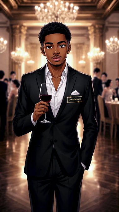 An illustrated young man in a black suit holding a glass of red wine stands in an elegant ballroom setting with chandeliers, wearing a name tag reading 'SANSEM MAX'.