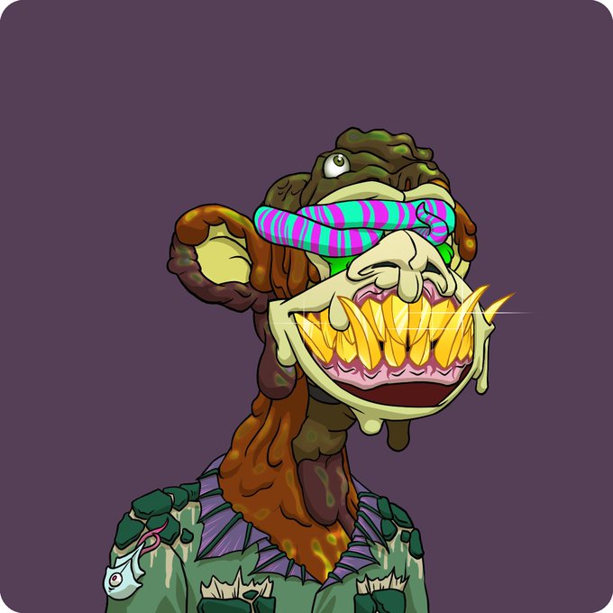 The image features a cartoon monkey with a green face, wearing sunglasses and a green shirt that has "Golden Grilled Grail" written on it. The monkey appears to be smiling, giving off an impression of happiness or amusement. The caption below the image reads "New Golden Grilled Grail Acquired! #MAYC #BAYC". This suggests that there is some sort of event or promotion related to the Golden Grilled Grail in the background.
