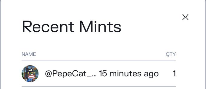 A 'Recent Mints' interface showing one mint 15 minutes ago from the account @PepeCat_..., with a quantity of 1.