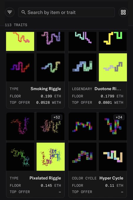 A screenshot of an NFT marketplace displaying a grid of digital pixel-art traits including 'Smoking Riggle' and 'Duotone Riggle,' with prices listed in ETH.