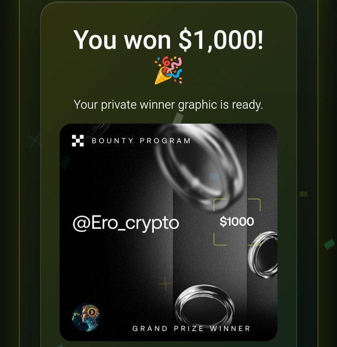 The image displays a celebratory graphic announcing a $1,000 Bounty Program win from OKX, featuring the username "@Ero_crypto" labeled as the Grand Prize Winner alongside metallic ring designs. This visually reinforces the post's excitement about winning OKX's $1,000 grand prize bounty.