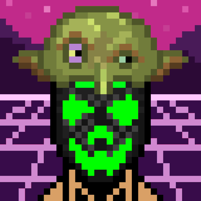 A pixel art image featuring a green, goblin-like character with large purple and green eyes wearing a black and green outfit, set against a purple background.