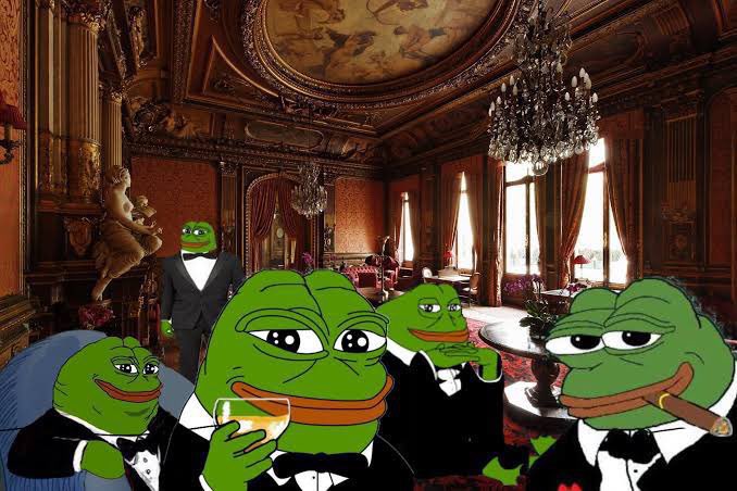 Several Pepe the Frog meme characters dressed in formal black tuxedos are pictured in an opulent palace room with chandeliers and gilded decor, with one holding a wine glass and another smoking a cigar, evoking an image of wealthy elite gathered in luxury.

The image playfully reinforces the post's theme by depicting the Pepe meme as a wealthy elite figure—complete with tuxedo, wine, and cigar in a lavish palace—suggesting the mascot's transformation from a simple internet frog into a symbol of newfound cryptocurrency wealth and status.