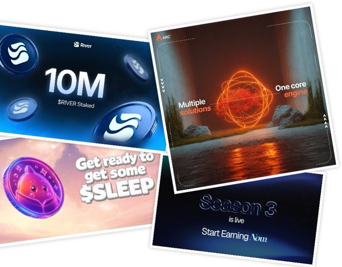 The image features four different posters, with one poster being a collage of three other posters. The first poster has a blue background and white text that says "10M" and "SIRVOR stakeled". The second poster also has a blue background but contains more text, stating "One core engines". The third poster is a collage of two other posters with different colors and designs. The fourth poster is another collage of three other posters, all featuring the same blue background and white text that says "Season 3" and "Start Earning Now!".