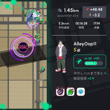 A StepN app screenshot displaying a map view with a 'GOAL' marker, user AlleyOop1l stats (H-III level, +151.1 XP), and 1.45km walked at 5.3 km/h with +48.48 energy.