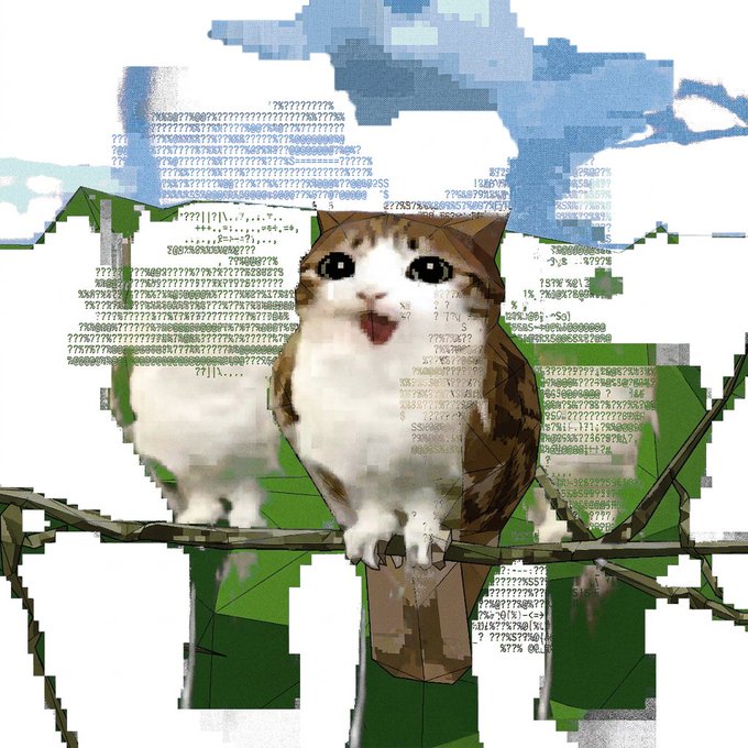 A glitchy, pixelated image of a cat with an open mouth sitting on a branch, overlaid with garbled text characters.