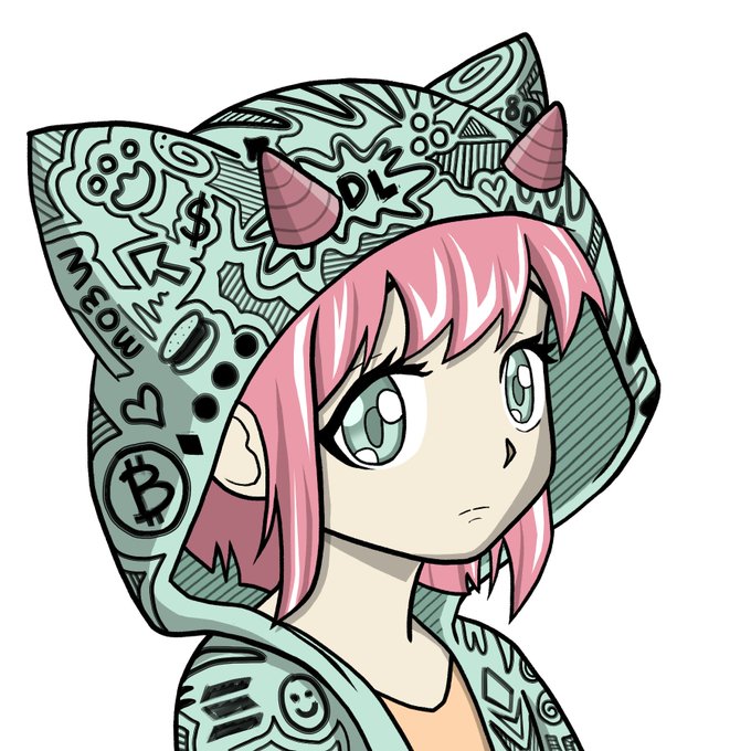 An anime-style illustration of a pink-haired character wearing a mint green hoodie decorated with crypto-related doodles including Bitcoin logos, 'DL' text, and various symbols.