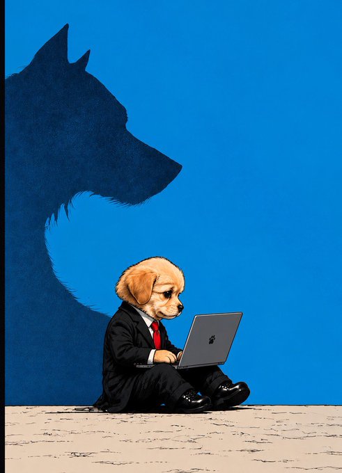 An illustration of a puppy in a business suit with a red tie sitting and using an Apple laptop against a blue background, with a large shadowy wolf silhouette looming behind it.