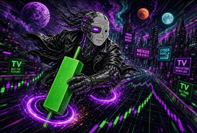 A cyberpunk-themed digital artwork depicting a cyborg figure holding a green rectangular object, with neon signs reading 'TRADE EVOLVE RESET', 'NEXUS', 'CYBER SKULLZ', and 'TV BUY THE FUTURE'.