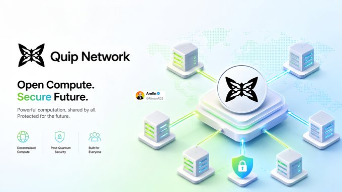 A promotional banner for Quip Network, tagged by user "Arefin (@86mon823)," promotes their mission with the tagline "Open Compute. Secure Future." and highlights features like "Decentralized Compute," "Post-Quantum Security," and "Built for Everyone," featuring a visual of interconnected server hubs with a padlock icon. The image visually reinforces the post's message about democratizing access to powerful, secure computation through decentralized infrastructure, moving away from centralized control.