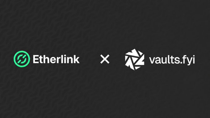 A partnership announcement graphic on a black textured background showing the logos of 'Etherlink' (in green) and 'vaults.fyi' (in white) separated by an 'X' symbol.