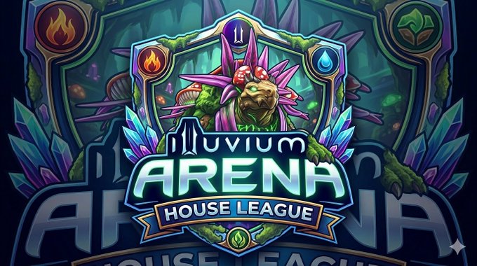 The image features a logo for the game "Mivium Arena House League". The logo displays a green shield with a purple dragon, surrounded by blue gemstones. Below the shield, there are two text boxes that read "All 328 Illuvials won from last Friday's @illuviumio Arena House League have been sent out and are now in your inventories!". This suggests that the game has been recently released or updated, and players can now access their progress and achievements.