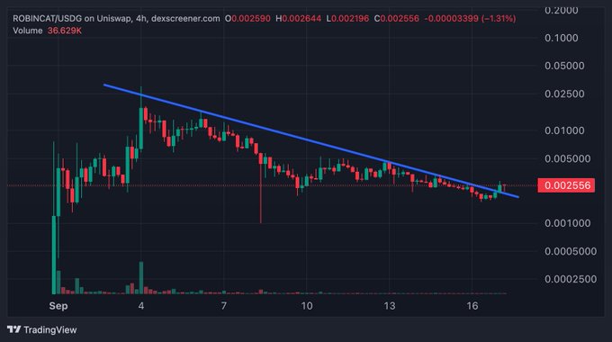 A TradingView 4-hour candlestick chart of $ROBINCAT/USDC on Uniswap shows the token at $0.002556, down 1.31%, with a descending trendline that has just been broken to the upside—visually supporting the author's claim that selling pressure has dried up and a bullish reversal is beginning.