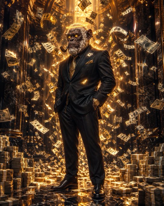 The image features a man dressed in a suit standing in front of stacks of money, with his hands in his pockets. The background is dark and filled with gold coins falling from the ceiling, creating an atmosphere of opulence and wealth. The caption "Shout out to everyone showing up on the weekend Cc: @EveDotEth - $RIVER" suggests that this image might be related to a social media post or event where people are encouraged to share their experiences with others using specific hashtags, such as #EveDotEth.
