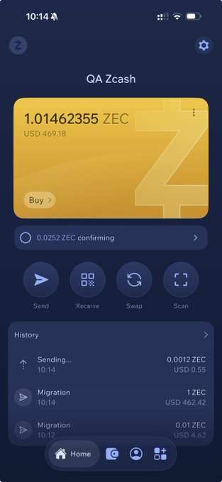 A screenshot of the Zashi cryptocurrency wallet app showing a 'QA Zcash' balance of 1.01462355 ZEC (USD 469.18) along with send, receive, swap, and scan options.