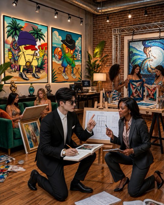 An artistic scene depicting two professionals in business attire kneeling on the floor of a gallery, sketching and discussing artwork amidst colorful paintings and other artists working on canvases.
