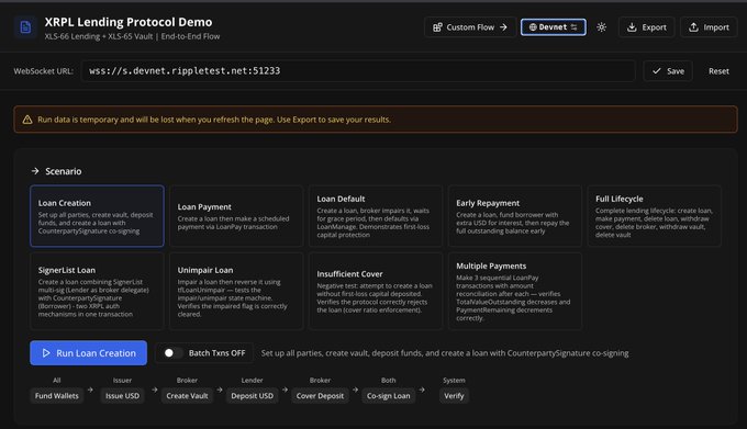 A developer interface for an XRPL Lending Protocol Demo on a Devnet (wss://s.devnet.rippletest.net:51233), showing various test scenarios like Loan Creation, Loan Payment, Loan Default, Early Repayment, and Full Lifecycle for the XLS-66 Lending and XLS-65 Vault standards. The "Loan Creation" scenario is currently selected, ready to run an end-to-end flow with parties like Issuer, Broker, and Lender.
