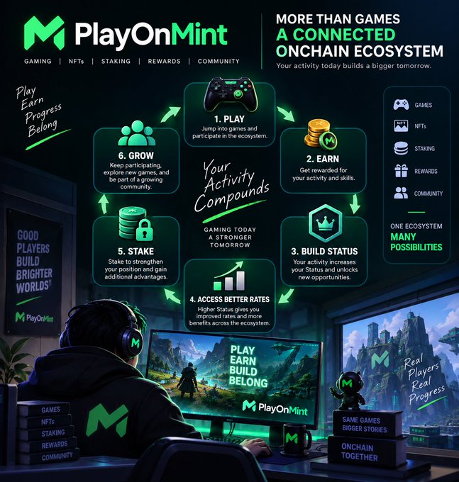 Marketing infographic for PlayOnMint, a gaming/NFT platform, showing a 6-step cycle: PLAY, EARN, BUILD STATUS, ACCESS BETTER RATES, STAKE, and GROW, with text reading 'MORE THAN GAMES — A CONNECTED ONCHAIN ECOSYSTEM' and 'GAMING TODAY A STRONGER TOMORROW'.