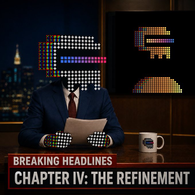 News broadcast-themed graphic titled 'Breaking Headlines - Chapter IV: The Refinement' showing a news anchor at a desk with pixelated/colorful glitch graphics obscuring the face and surroundings.