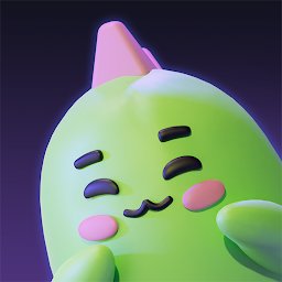 A 3D render of a green cartoon character with a pink horn, blushing cheeks, and a smiling face.