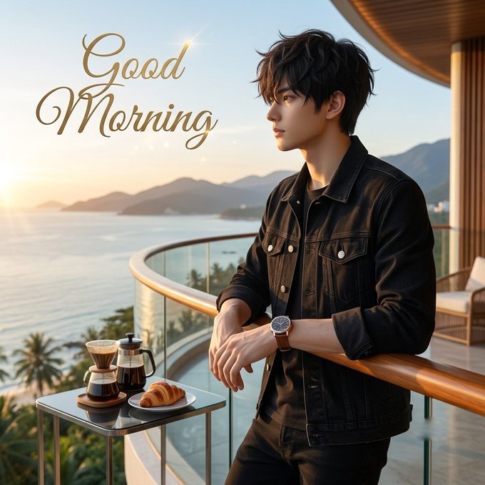 A 'Good Morning' greeting image showing an anime-style young man in a black denim jacket leaning on a balcony overlooking a scenic ocean and mountains, with coffee and a croissant on a side table.
