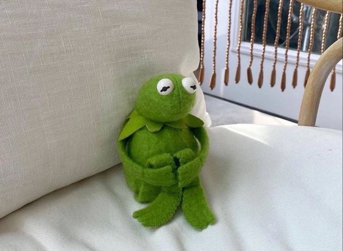 A sad Kermit plush toy sits slumped against a cushion, embodying the lonely, defeated mood of someone who bought a meme coin with just $99 and watched it crash.