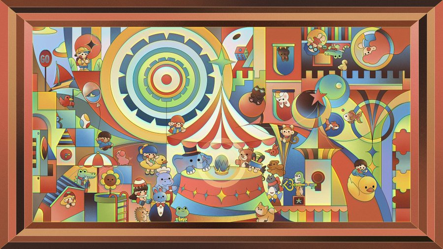 A colorful, whimsical illustration featuring various cartoon animals, a circus tent, and playful geometric shapes framed within a wooden border.