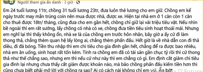 A Vietnamese-language social media post where a 24-year-old woman earning 11 million/month reflects on her husband's 23 million salary, his generous spending, and her desire to cut costs.