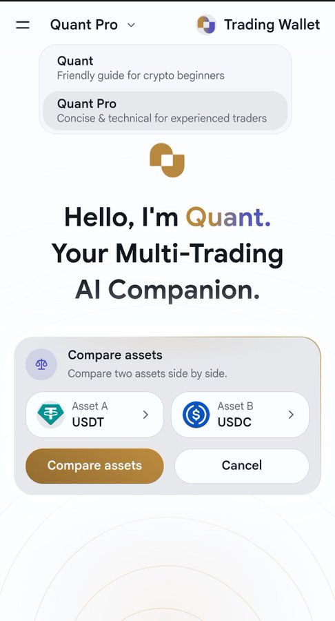 A Quant AI Pro mobile app screenshot showing the "Compare assets" feature with Asset A set to USDT and Asset B set to USDC, displaying greeting "Hello, I'm Quant. Your Multi-Trading AI Companion." The image illustrates the user's experience using Quant's comparison tool to analyze the two stablecoins side by side, as described in the accompanying post.