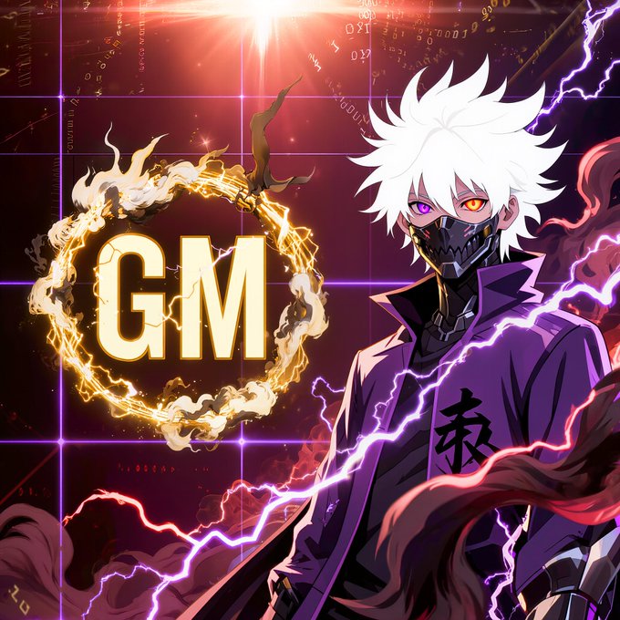 Anime-style digital artwork featuring a white-haired character with heterochromatic eyes and a mask, surrounded by lightning and fire effects next to a flaming 'GM' logo.