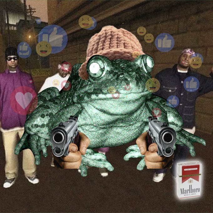 A meme image featuring a large green frog wearing a beanie and holding two handguns, with two men in the background, a Marlboro cigarette pack, and floating Facebook reaction emojis (thumbs up, heart, smiley faces).