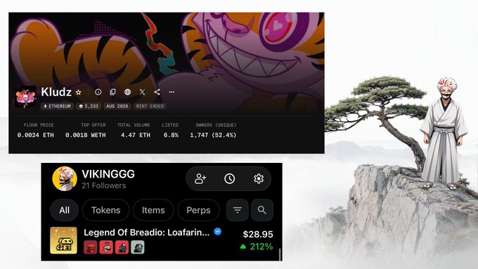 A collage displays two screenshots: the top shows an NFT collection "Kludz" on Ethereum with stats like "0.0024 ETH" floor price and "1,747 (52.4%)" owners, while the bottom shows a user "VIKINGGG" with "21 Followers" listing "Legend Of Brea..." at "$28.95" with a "212%" increase, alongside an illustration of a white-haired warrior beside a bonsai tree.