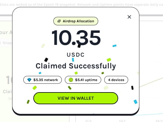 An 'Airdrop Allocation' notification displays '10.35 USDC Claimed Successfully' alongside metrics showing $5.35 network fee, $5.41 uptime, and 4 devices, with a 'VIEW IN WALLET' button.
