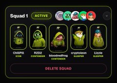 The image displays a "Squad 1" with an ACTIVE status in what appears to be the Hood Frens NFT game, featuring five character cards including Chudpu (Icon), B0DZ (Contrarian), bloodredking (Contrarian), cryptolove (Raspy), and Lizzie (Raspy). The screenshot relates to the post by showcasing the pack contents the user opened, supporting their claim of profitable NFT card collection.