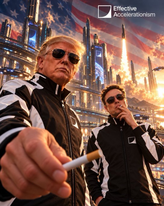 Two men in matching black and white "Effective Accelerationism" tracksuits pose with cigarettes against a futuristic American cityscape with a rocket launch, framing a stylized "gm" (good morning) greeting to the e/acc crypto community.