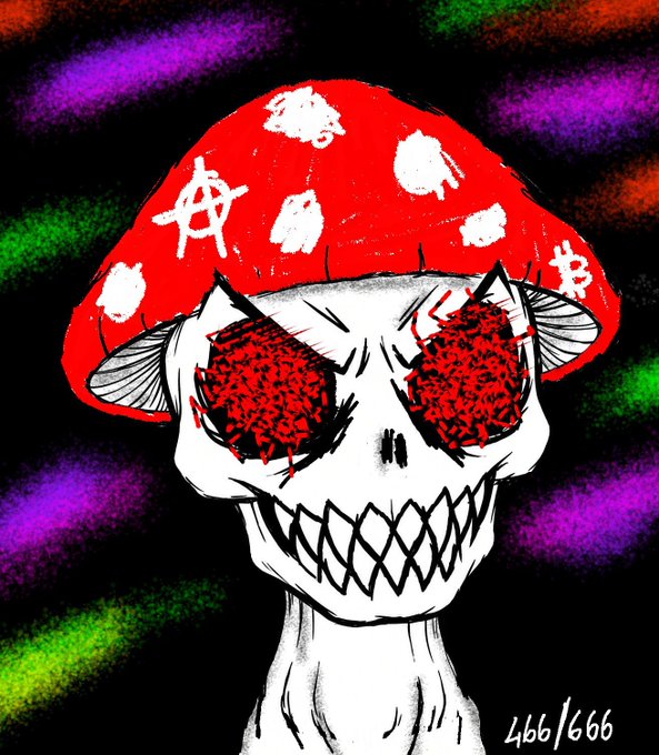 An illustration of a skeletal mushroom character wearing a red mushroom cap with an anarchy symbol and Bitcoin logo, featuring large red textured eyes and a toothy grin, with the text '466/666' in the corner.
