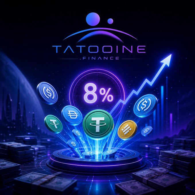 A futuristic digital landscape showcases the Tatooine Finance logo above a glowing "8%" yield indicator, surrounded by cryptocurrency coins (Tether, BCH, and others) and a rising growth arrow, visually reinforcing the post's message about earning passive yield through DeFi strategies on Solana.