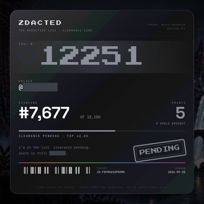 A 'ZDACTED' clearance card showing Soul N° 12251 with a pending status, ranking #7,677 of 18,280, dated 2026-09-20.